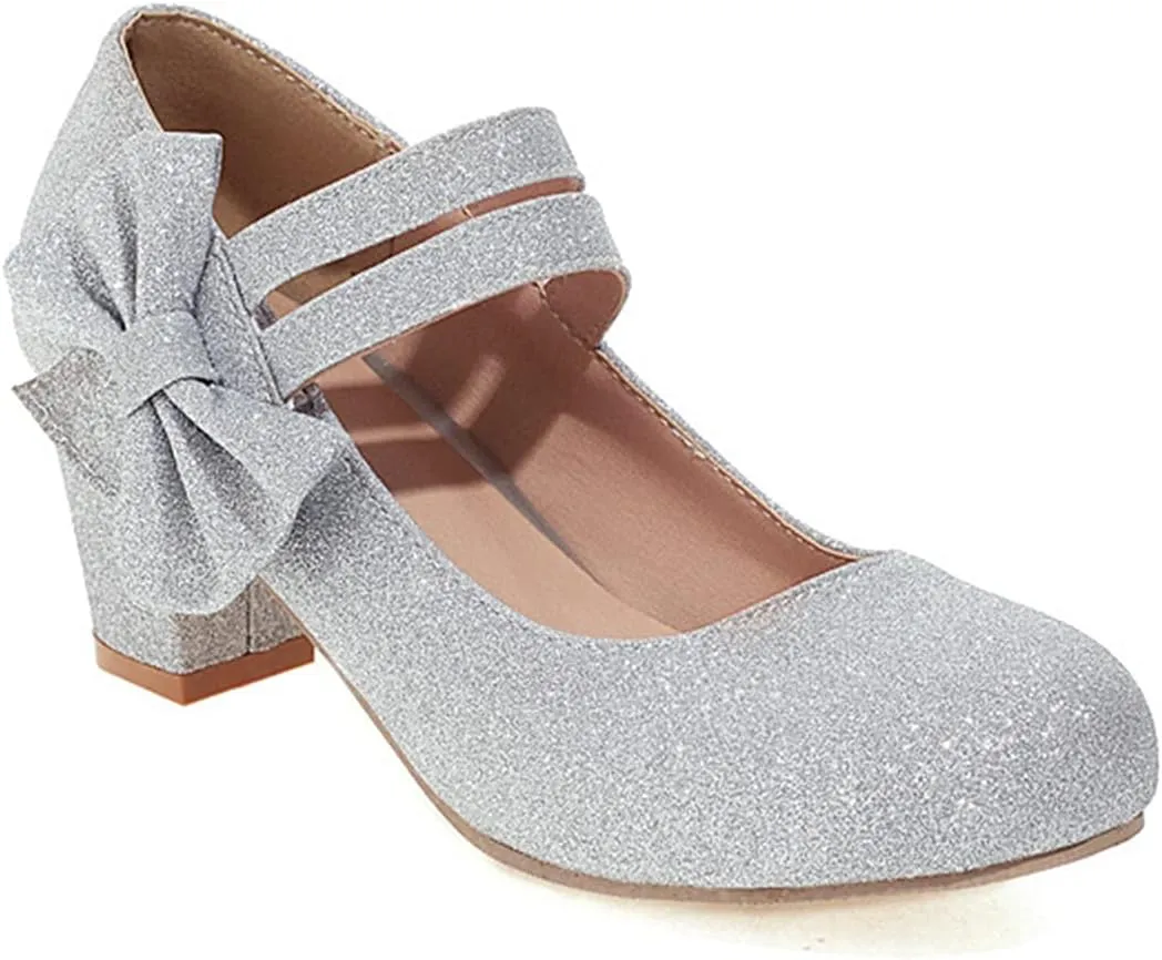 Women Glitter Sequin Mary Jane Pumps Sweet Bow Round Toe Fashion Ankle Strap Chunky Heel Dress Shoes