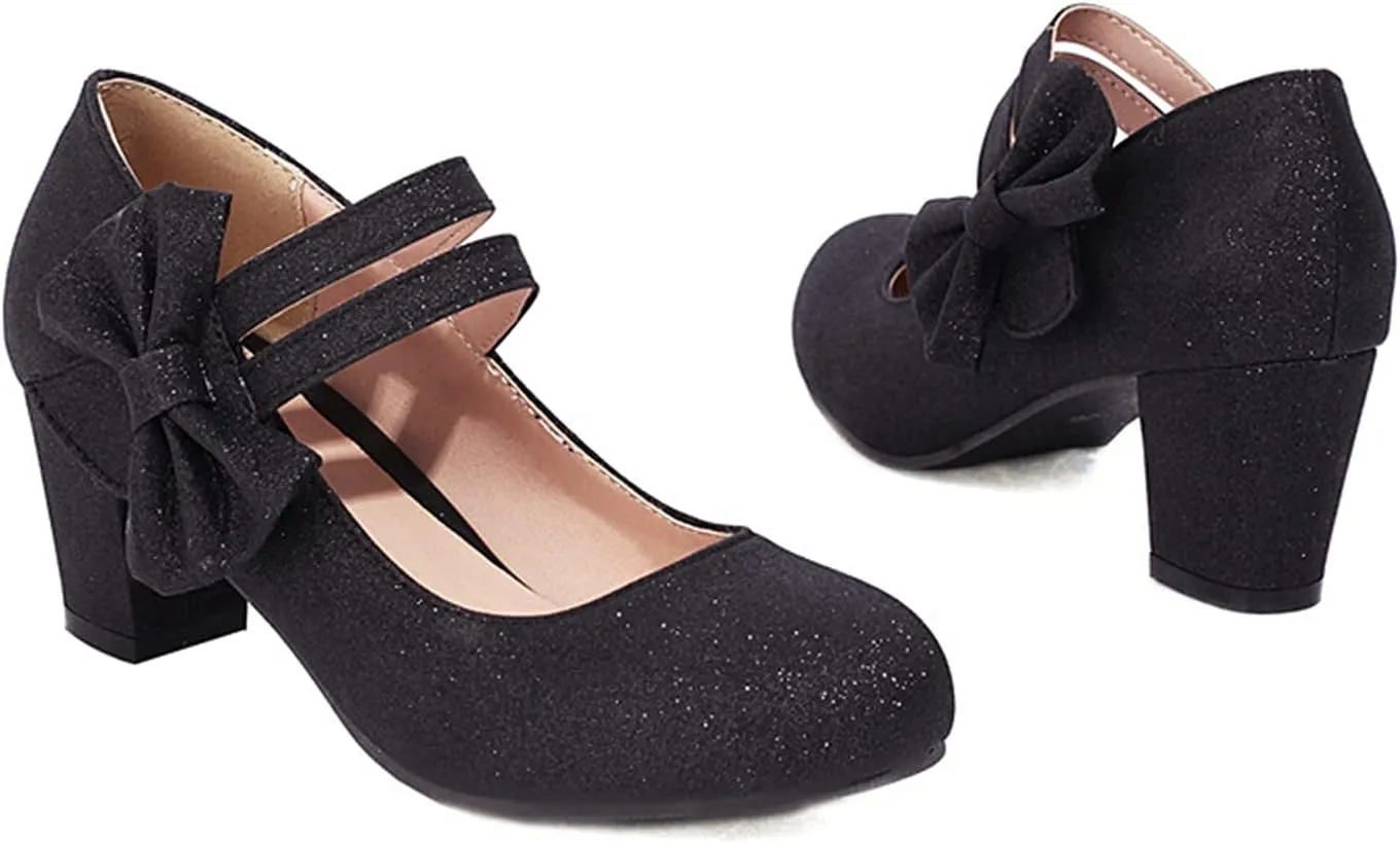 Women Glitter Sequin Mary Jane Pumps Sweet Bow Round Toe Fashion Ankle Strap Chunky Heel Dress Shoes