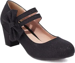 Women Glitter Sequin Mary Jane Pumps Sweet Bow Round Toe Fashion Ankle Strap Chunky Heel Dress Shoes