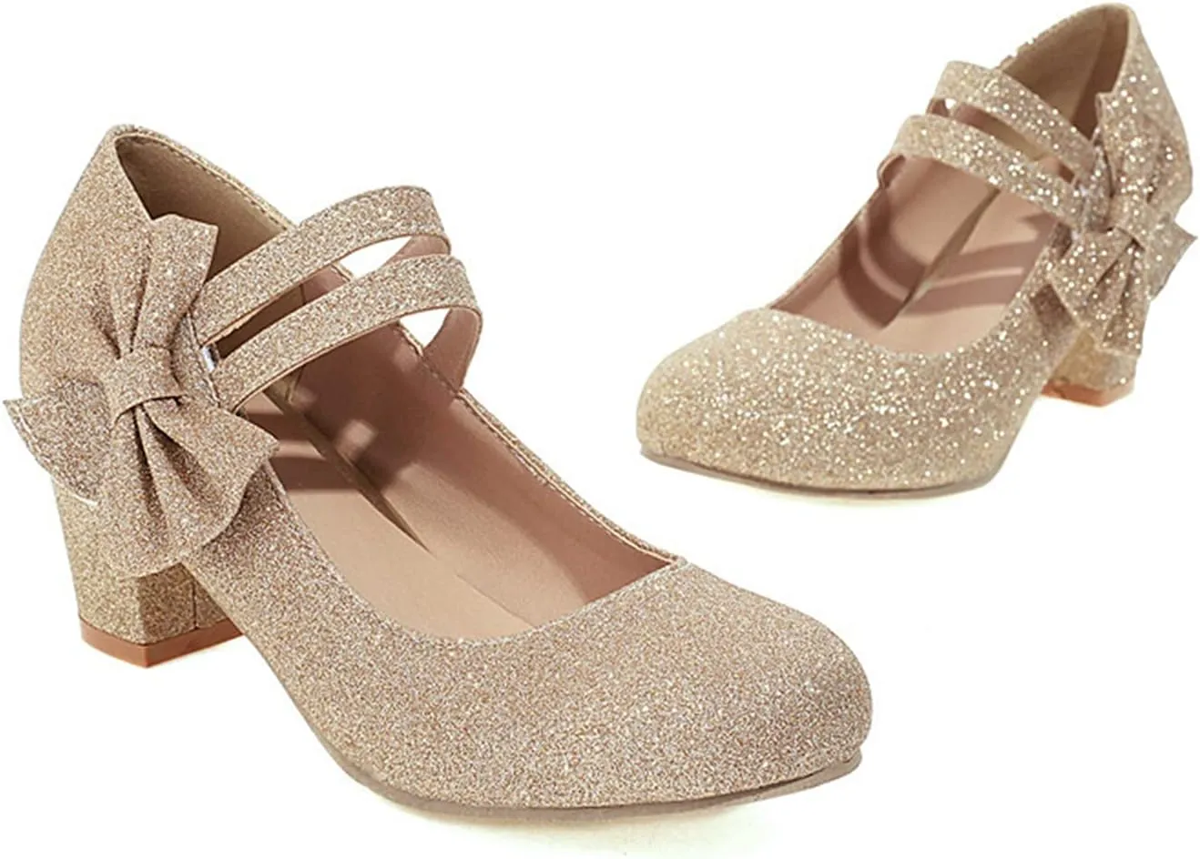 Women Glitter Sequin Mary Jane Pumps Sweet Bow Round Toe Fashion Ankle Strap Chunky Heel Dress Shoes