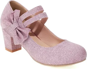 Women Glitter Sequin Mary Jane Pumps Sweet Bow Round Toe Fashion Ankle Strap Chunky Heel Dress Shoes