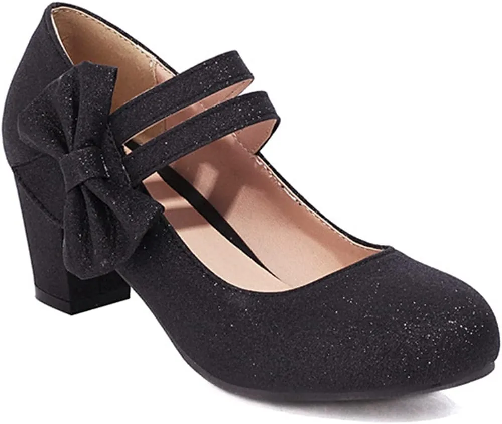 Women Glitter Sequin Mary Jane Pumps Sweet Bow Round Toe Fashion Ankle Strap Chunky Heel Dress Shoes