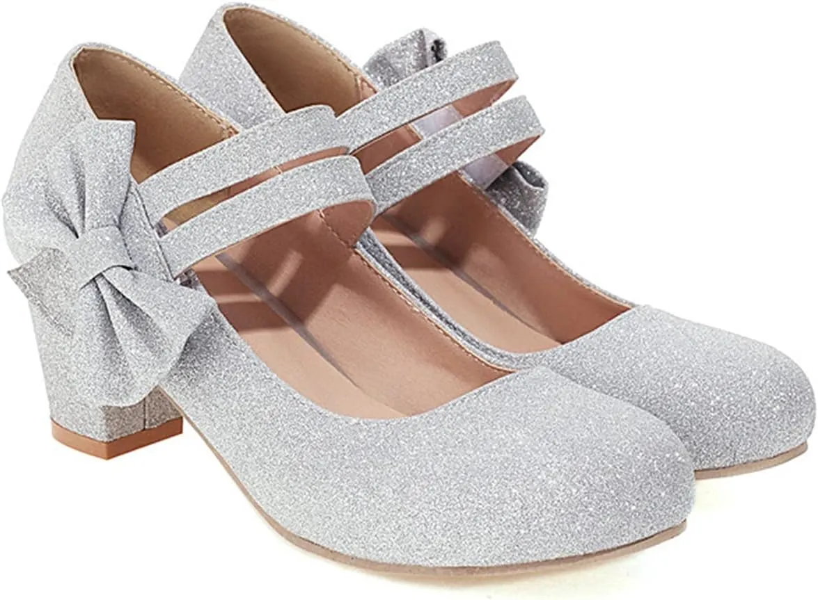 Women Glitter Sequin Mary Jane Pumps Sweet Bow Round Toe Fashion Ankle Strap Chunky Heel Dress Shoes