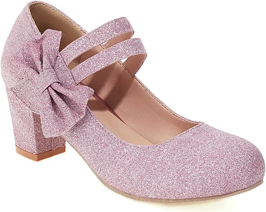 Women Glitter Sequin Mary Jane Pumps Sweet Bow Round Toe Fashion Ankle Strap Chunky Heel Dress Shoes