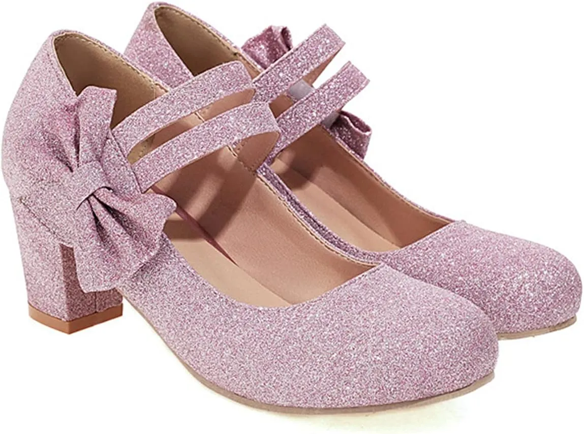 Women Glitter Sequin Mary Jane Pumps Sweet Bow Round Toe Fashion Ankle Strap Chunky Heel Dress Shoes