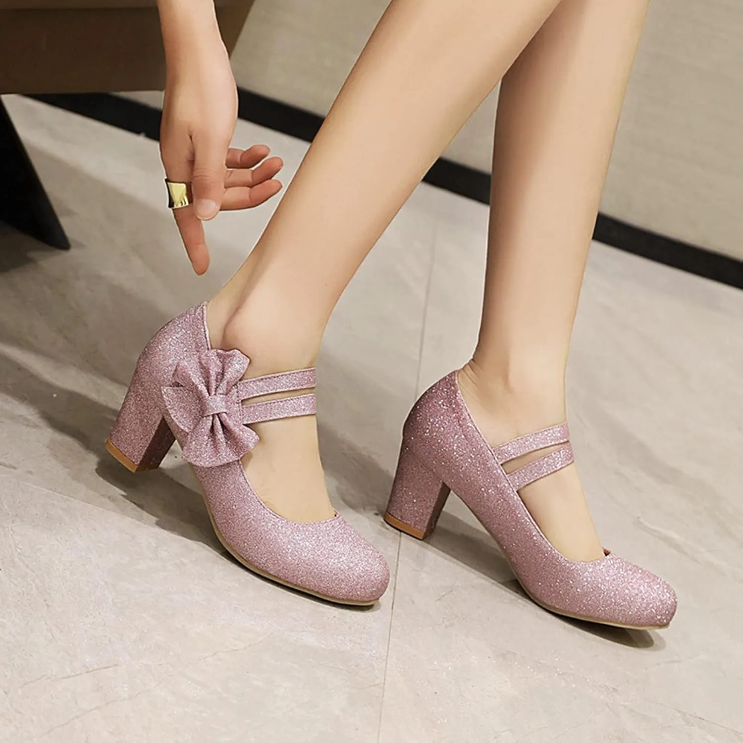 Women Glitter Sequin Mary Jane Pumps Sweet Bow Round Toe Fashion Ankle Strap Chunky Heel Dress Shoes