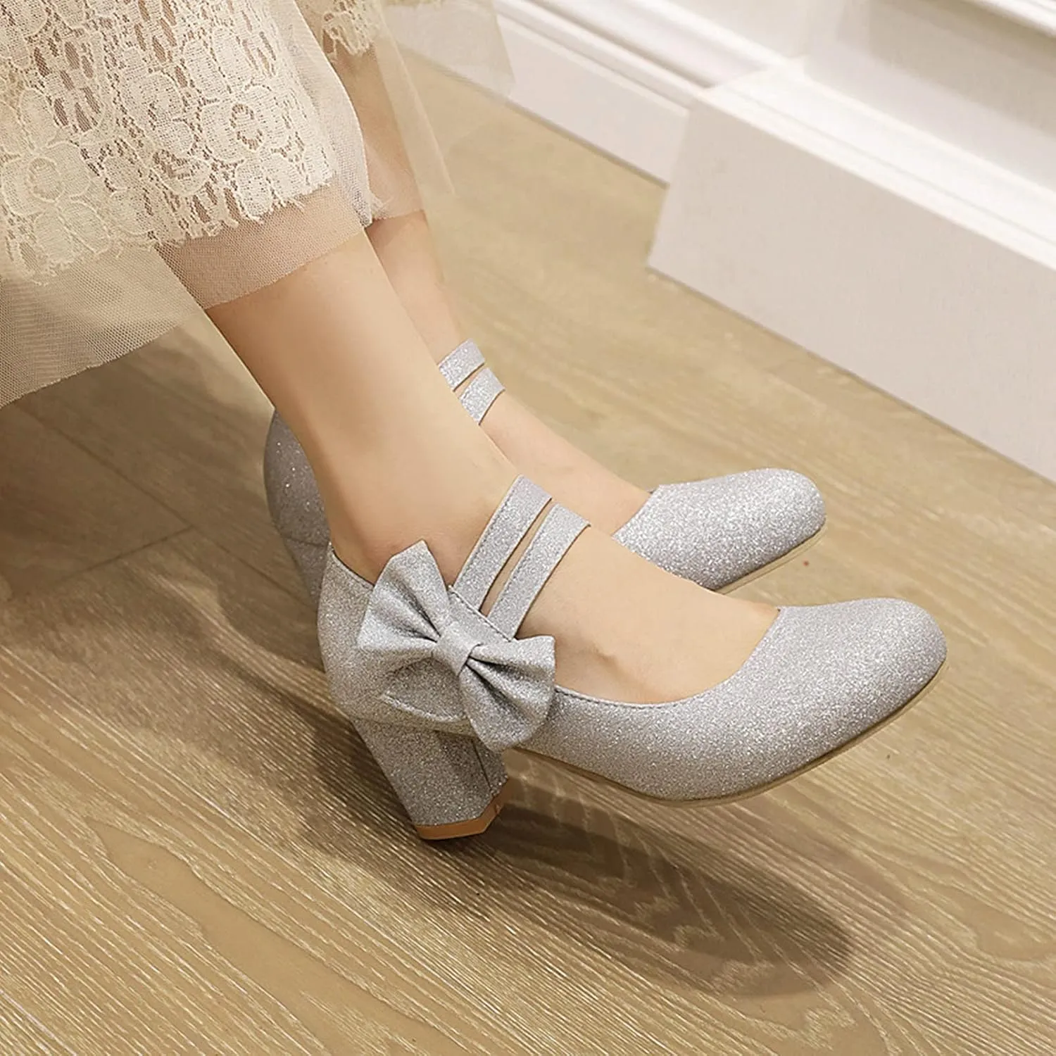 Women Glitter Sequin Mary Jane Pumps Sweet Bow Round Toe Fashion Ankle Strap Chunky Heel Dress Shoes