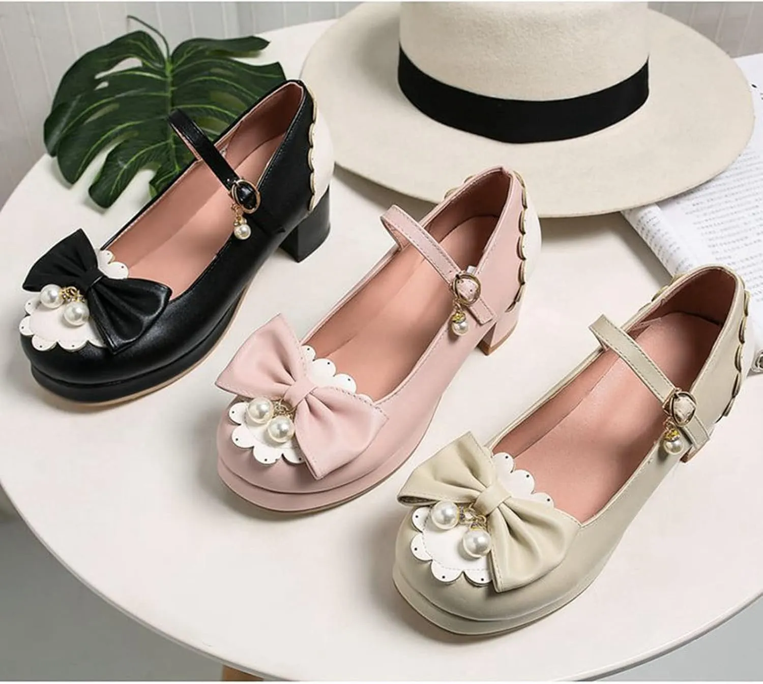 Women Kawaii Lolita Shoes Mid Block Heel Pearl Buckle Platform Round Toe Mary Jane Pumps with Bow