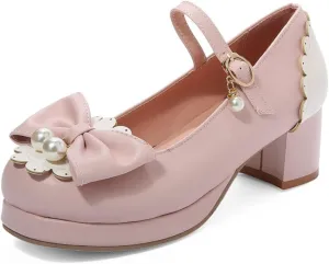 Women Kawaii Lolita Shoes Mid Block Heel Pearl Buckle Platform Round Toe Mary Jane Pumps with Bow