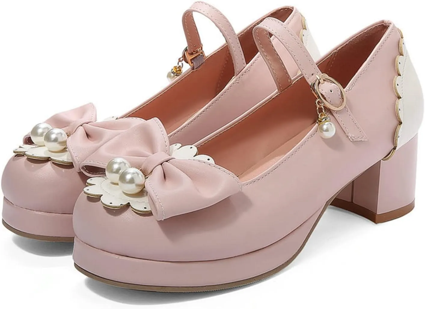 Women Kawaii Lolita Shoes Mid Block Heel Pearl Buckle Platform Round Toe Mary Jane Pumps with Bow