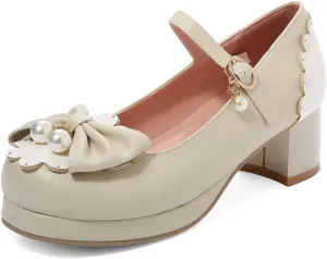 Women Kawaii Lolita Shoes Mid Block Heel Pearl Buckle Platform Round Toe Mary Jane Pumps with Bow