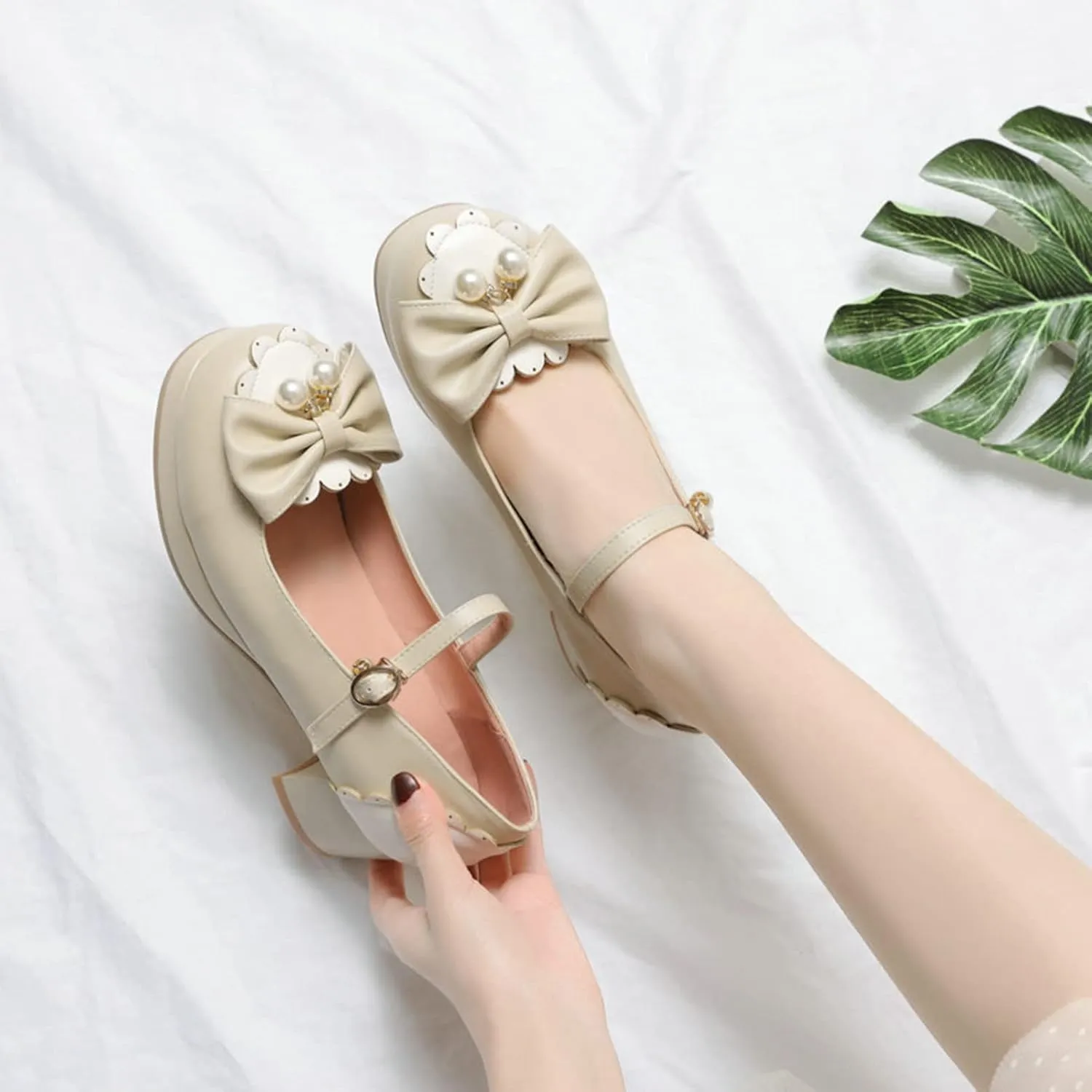 Women Kawaii Lolita Shoes Mid Block Heel Pearl Buckle Platform Round Toe Mary Jane Pumps with Bow