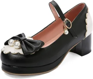 Women Kawaii Lolita Shoes Mid Block Heel Pearl Buckle Platform Round Toe Mary Jane Pumps with Bow