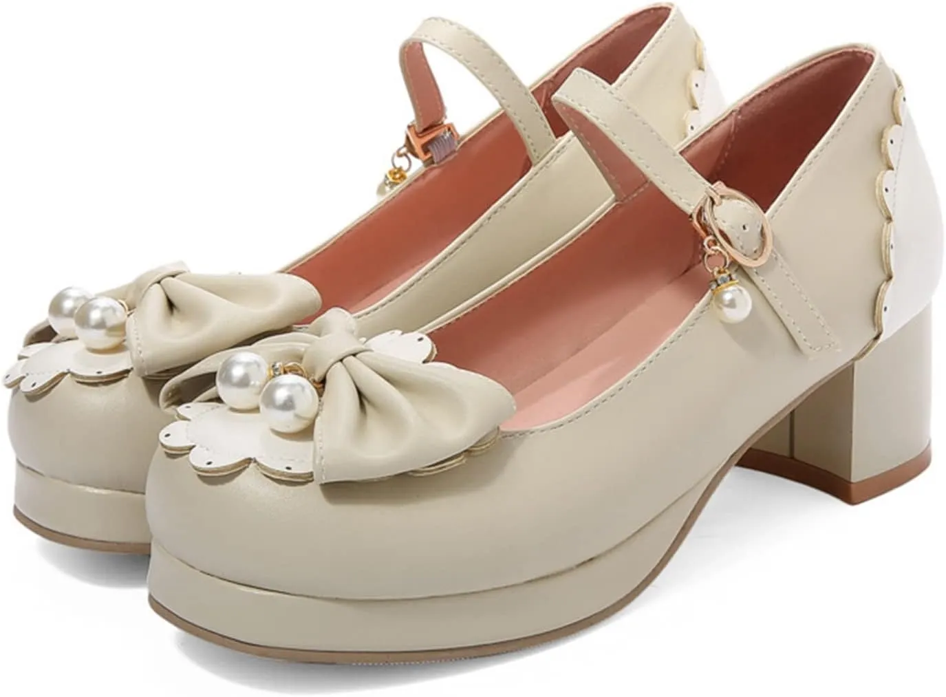 Women Kawaii Lolita Shoes Mid Block Heel Pearl Buckle Platform Round Toe Mary Jane Pumps with Bow