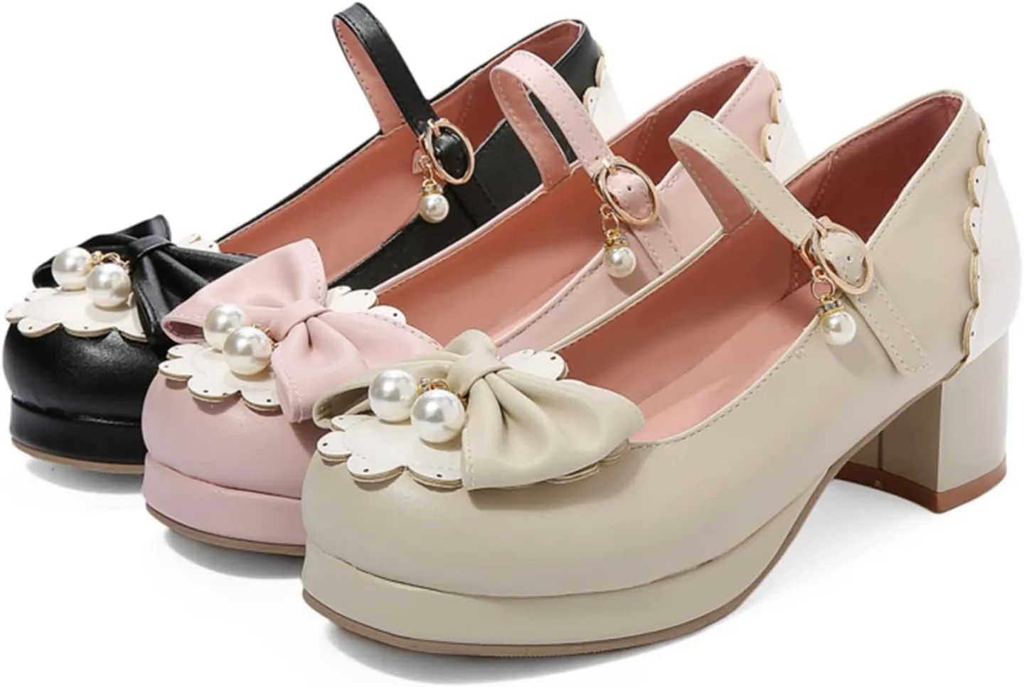 Women Kawaii Lolita Shoes Mid Block Heel Pearl Buckle Platform Round Toe Mary Jane Pumps with Bow