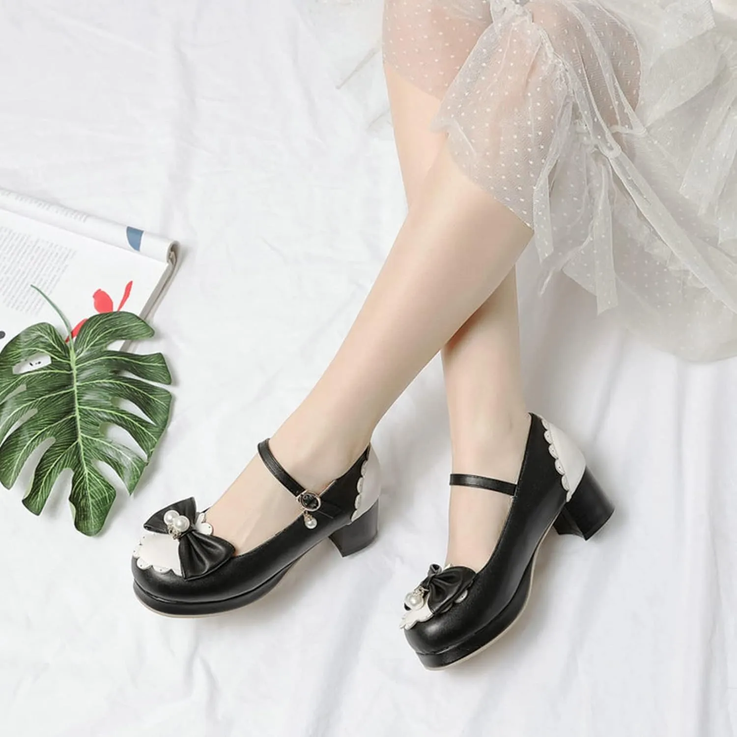 Women Kawaii Lolita Shoes Mid Block Heel Pearl Buckle Platform Round Toe Mary Jane Pumps with Bow