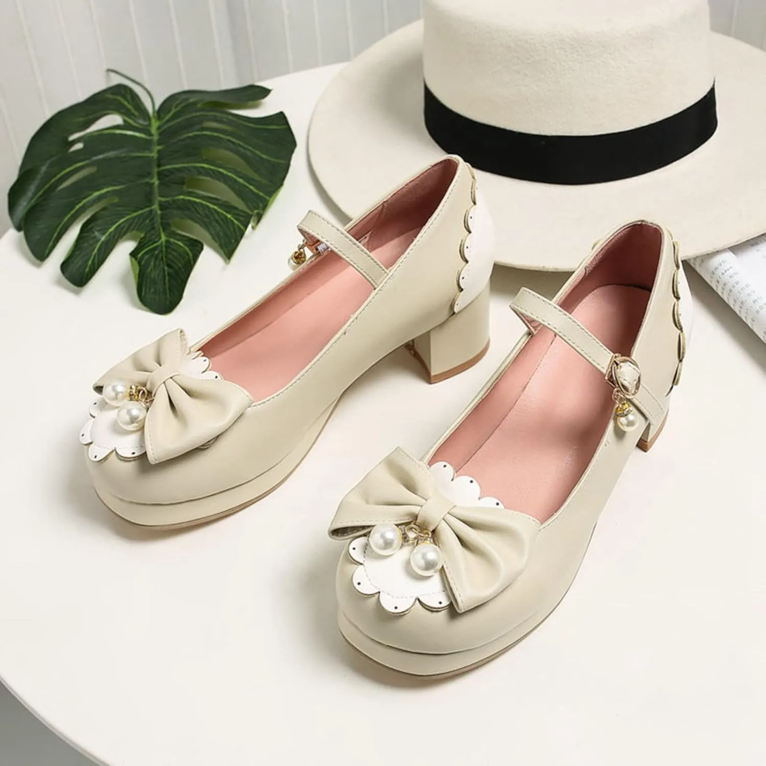 Women Kawaii Lolita Shoes Mid Block Heel Pearl Buckle Platform Round Toe Mary Jane Pumps with Bow