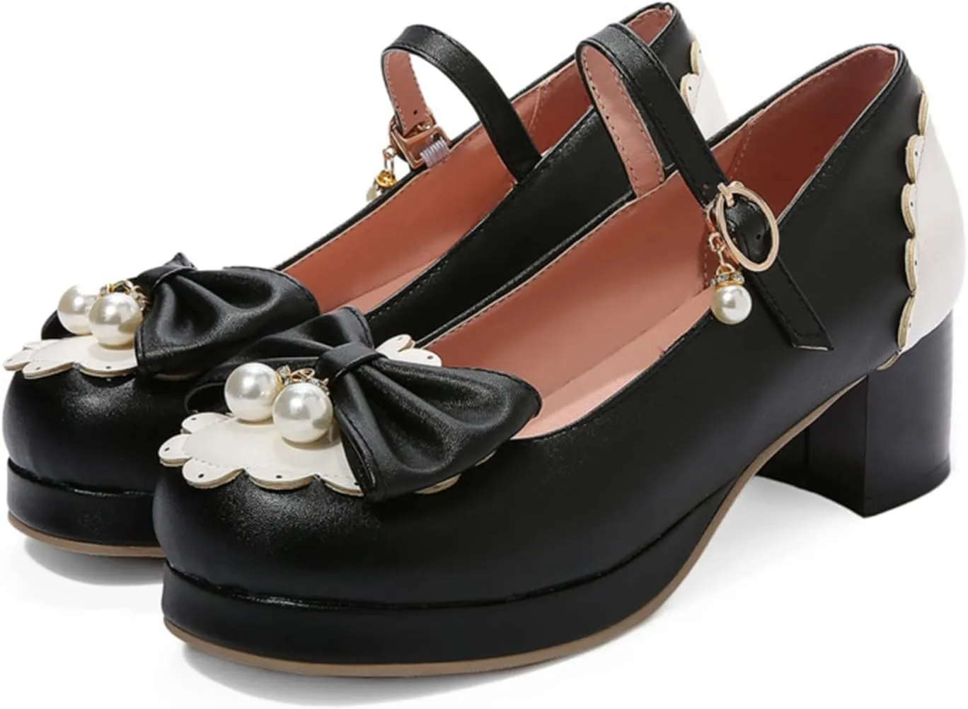 Women Kawaii Lolita Shoes Mid Block Heel Pearl Buckle Platform Round Toe Mary Jane Pumps with Bow
