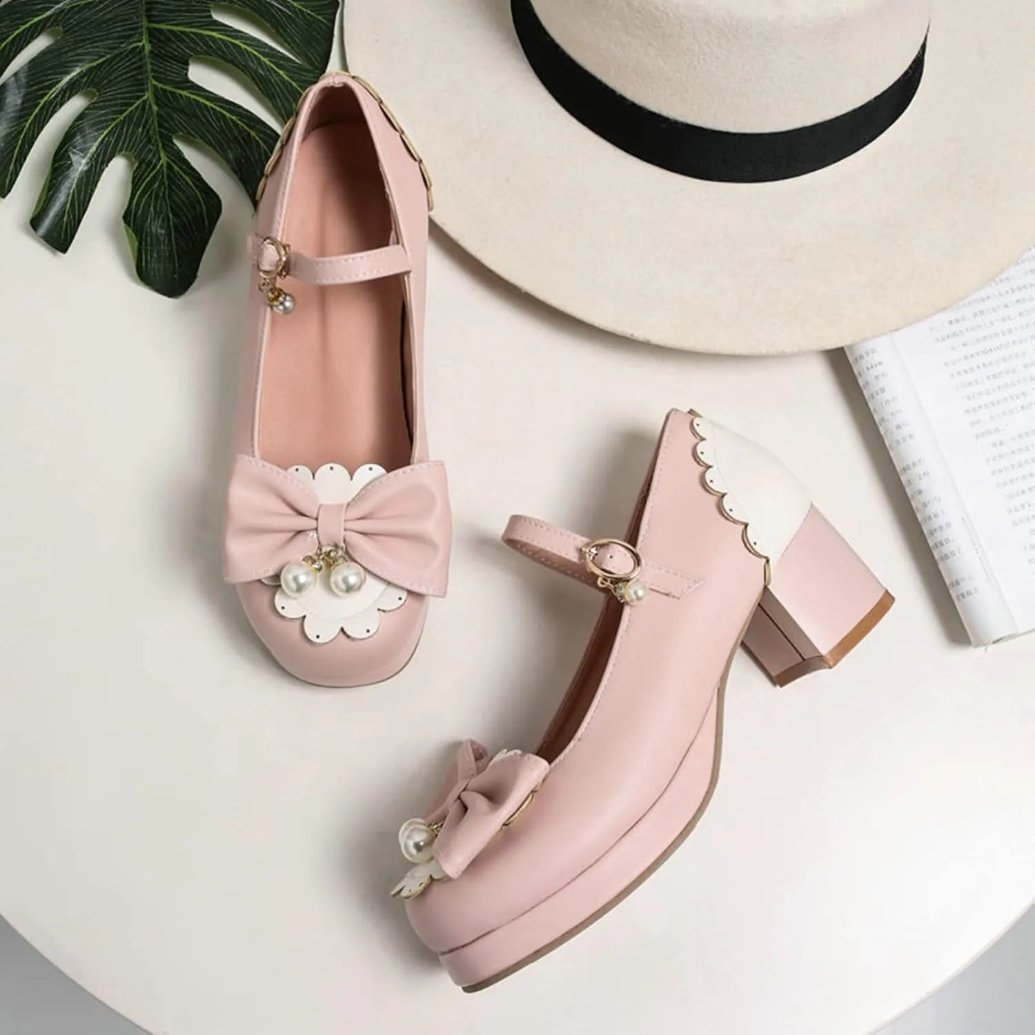 Women Kawaii Lolita Shoes Mid Block Heel Pearl Buckle Platform Round Toe Mary Jane Pumps with Bow