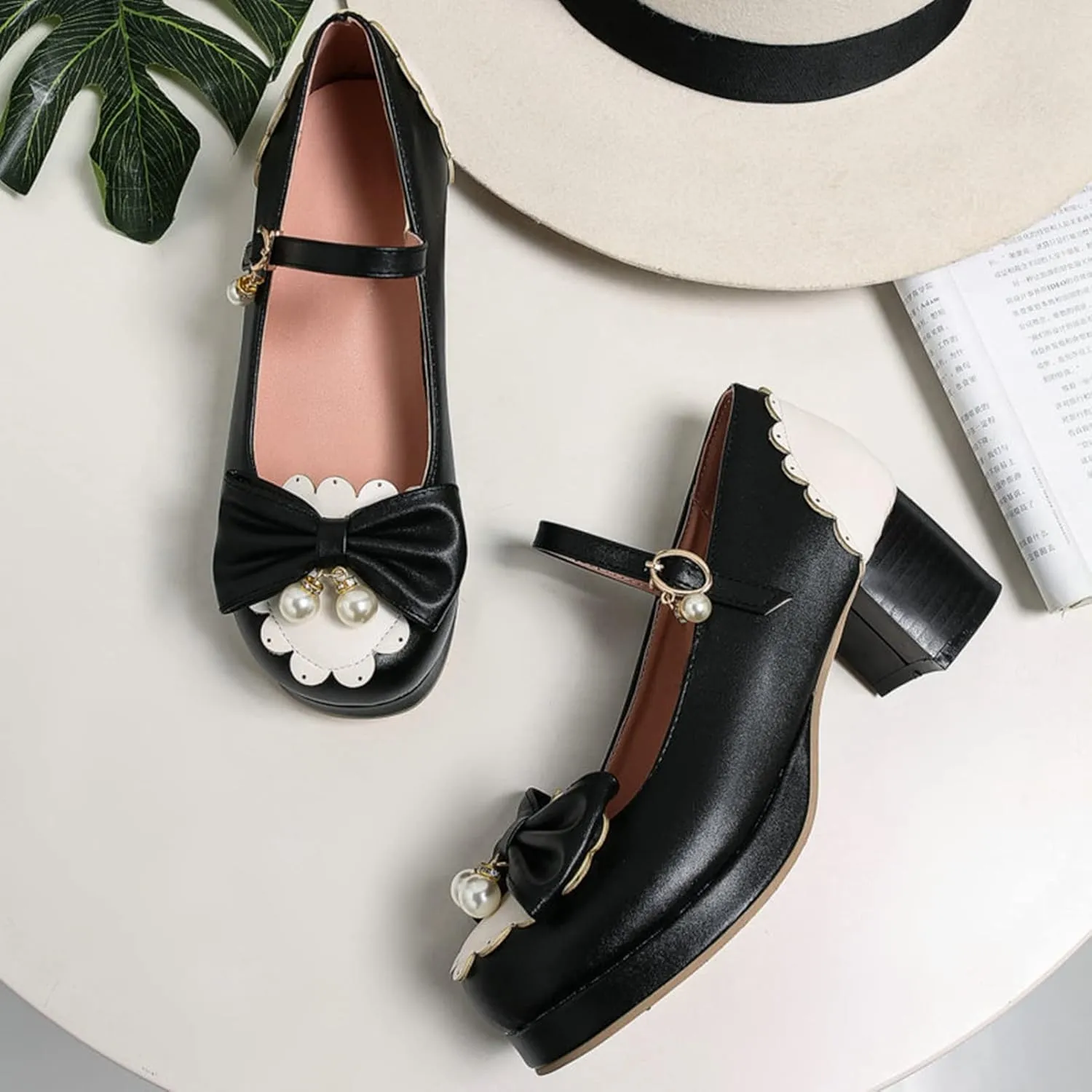 Women Kawaii Lolita Shoes Mid Block Heel Pearl Buckle Platform Round Toe Mary Jane Pumps with Bow