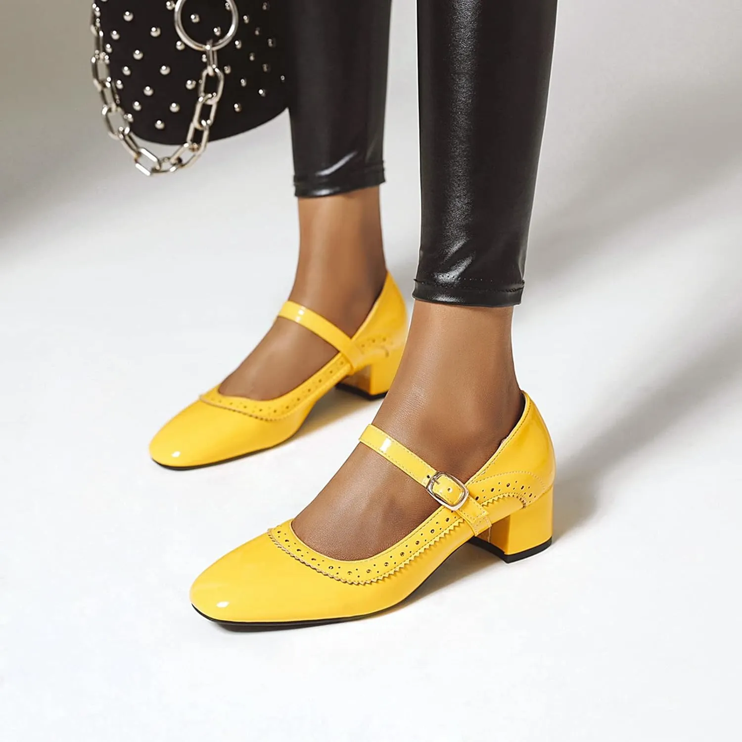 Women Low Chunky Heel Mary Jane Pumps Patent Leather Perforated Fashion Buckle Closed Toe Dress Shoes
