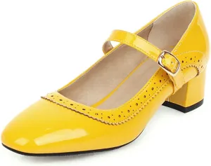 Women Low Chunky Heel Mary Jane Pumps Patent Leather Perforated Fashion Buckle Closed Toe Dress Shoes