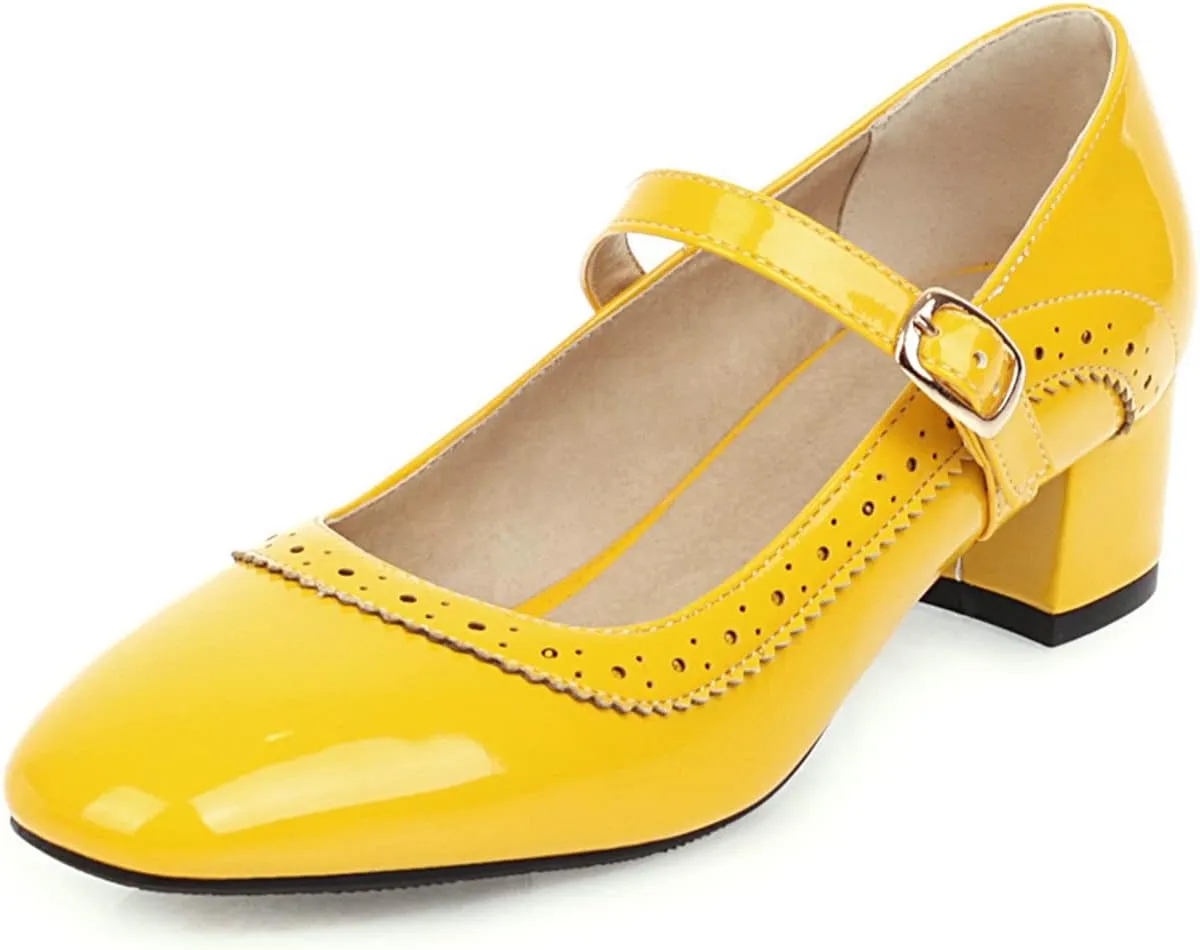 Women Low Chunky Heel Mary Jane Pumps Patent Leather Perforated Fashion Buckle Closed Toe Dress Shoes