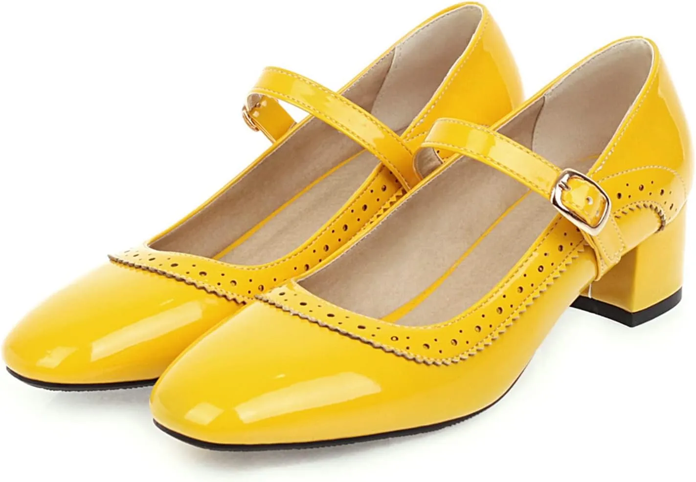 Women Low Chunky Heel Mary Jane Pumps Patent Leather Perforated Fashion Buckle Closed Toe Dress Shoes