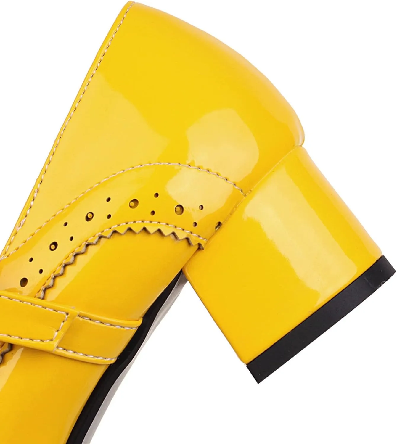 Women Low Chunky Heel Mary Jane Pumps Patent Leather Perforated Fashion Buckle Closed Toe Dress Shoes
