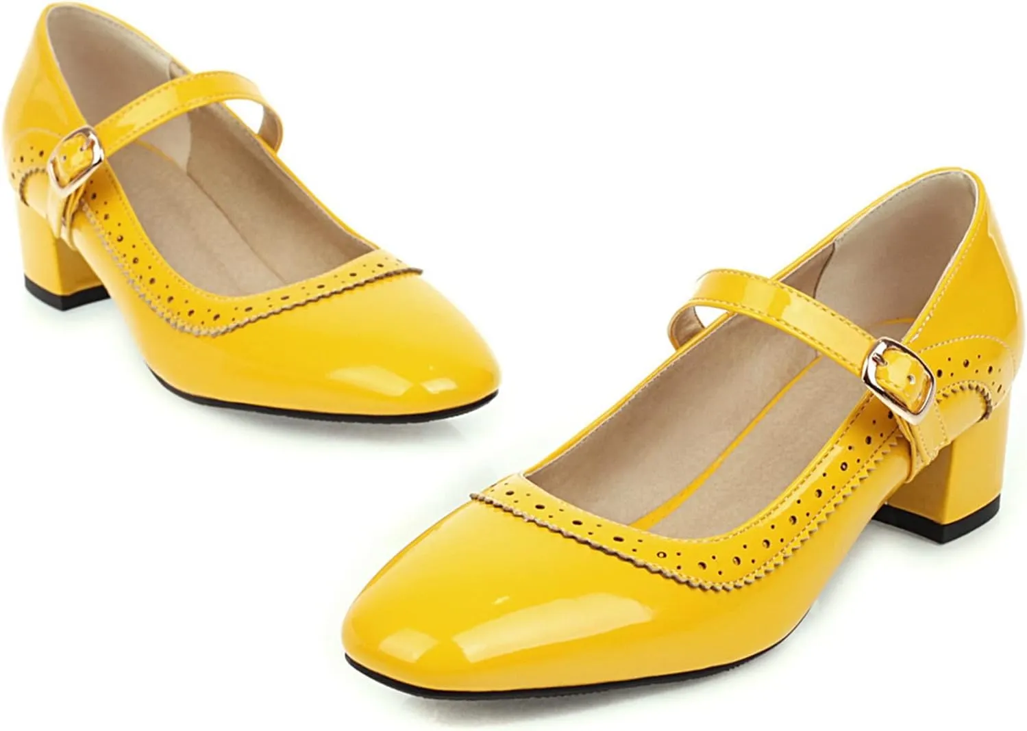 Women Low Chunky Heel Mary Jane Pumps Patent Leather Perforated Fashion Buckle Closed Toe Dress Shoes