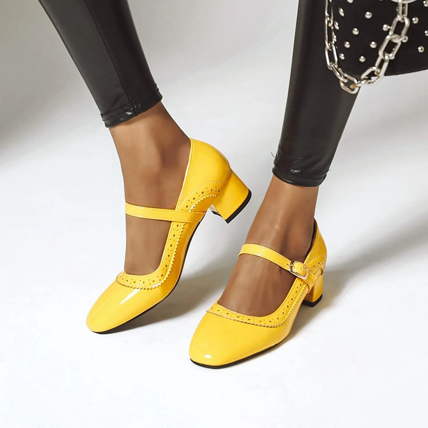 Women Low Chunky Heel Mary Jane Pumps Patent Leather Perforated Fashion Buckle Closed Toe Dress Shoes