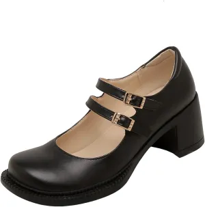 Women Mary Jane Pumps Mid Chunky Heel Double Ankle Strap Closed Round Toe Dress Work Uniform Shoes