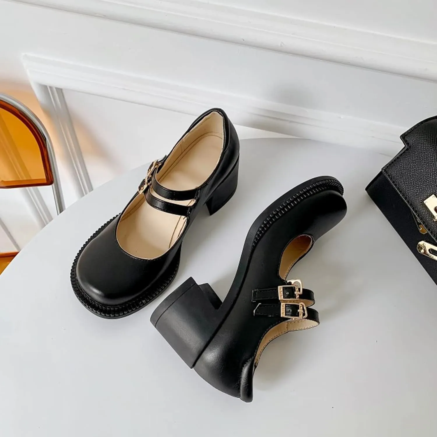 Women Mary Jane Pumps Mid Chunky Heel Double Ankle Strap Closed Round Toe Dress Work Uniform Shoes