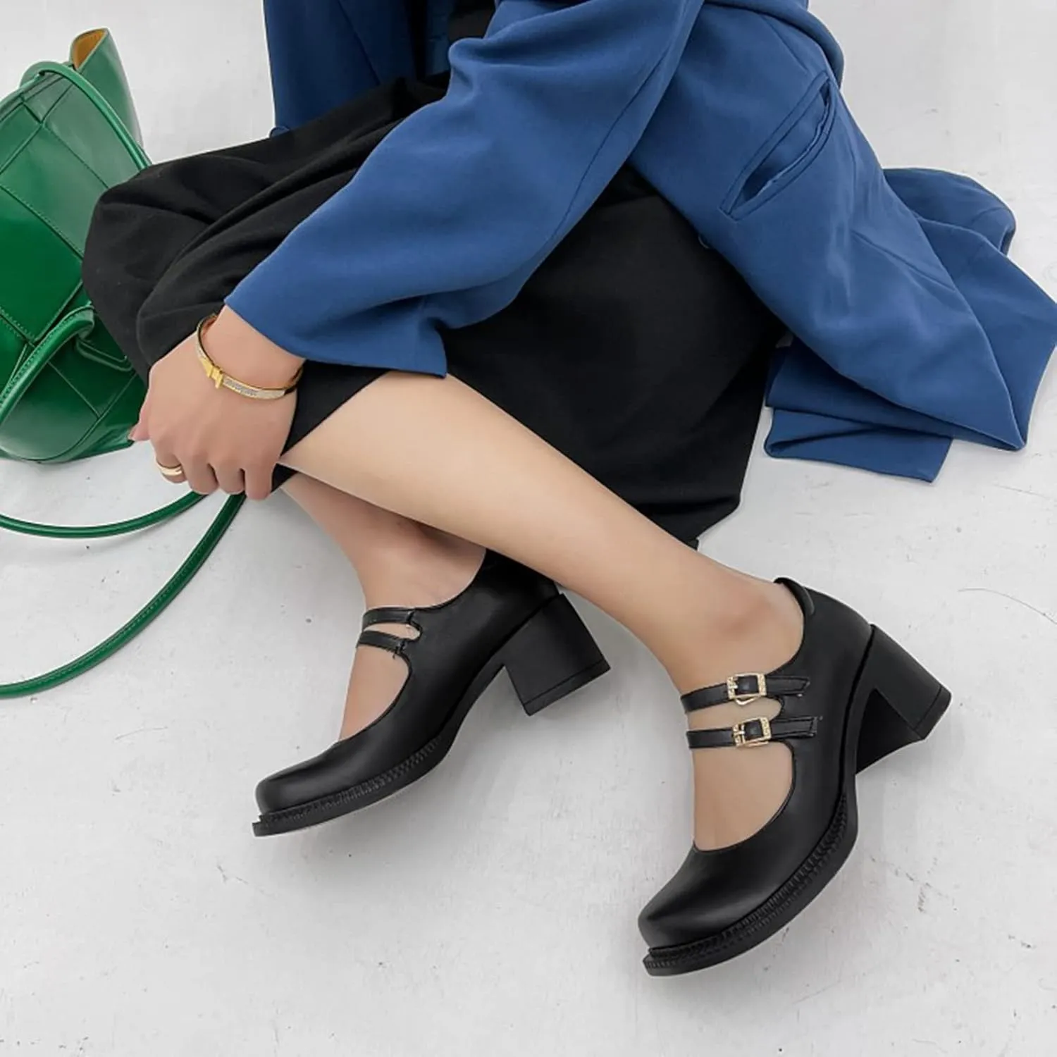 Women Mary Jane Pumps Mid Chunky Heel Double Ankle Strap Closed Round Toe Dress Work Uniform Shoes