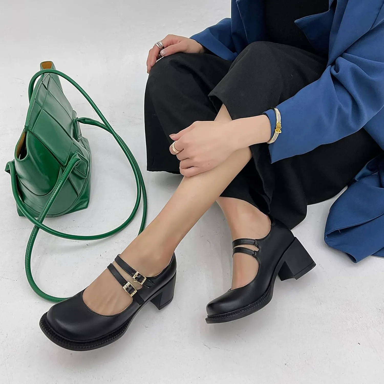 Women Mary Jane Pumps Mid Chunky Heel Double Ankle Strap Closed Round Toe Dress Work Uniform Shoes