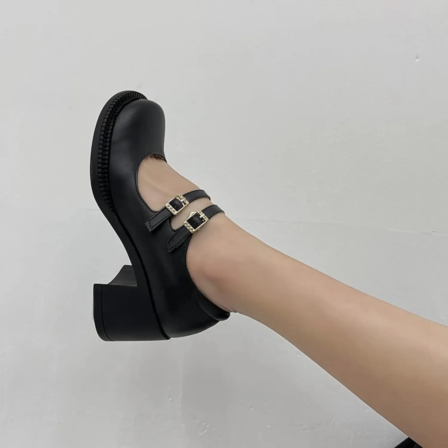 Women Mary Jane Pumps Mid Chunky Heel Double Ankle Strap Closed Round Toe Dress Work Uniform Shoes