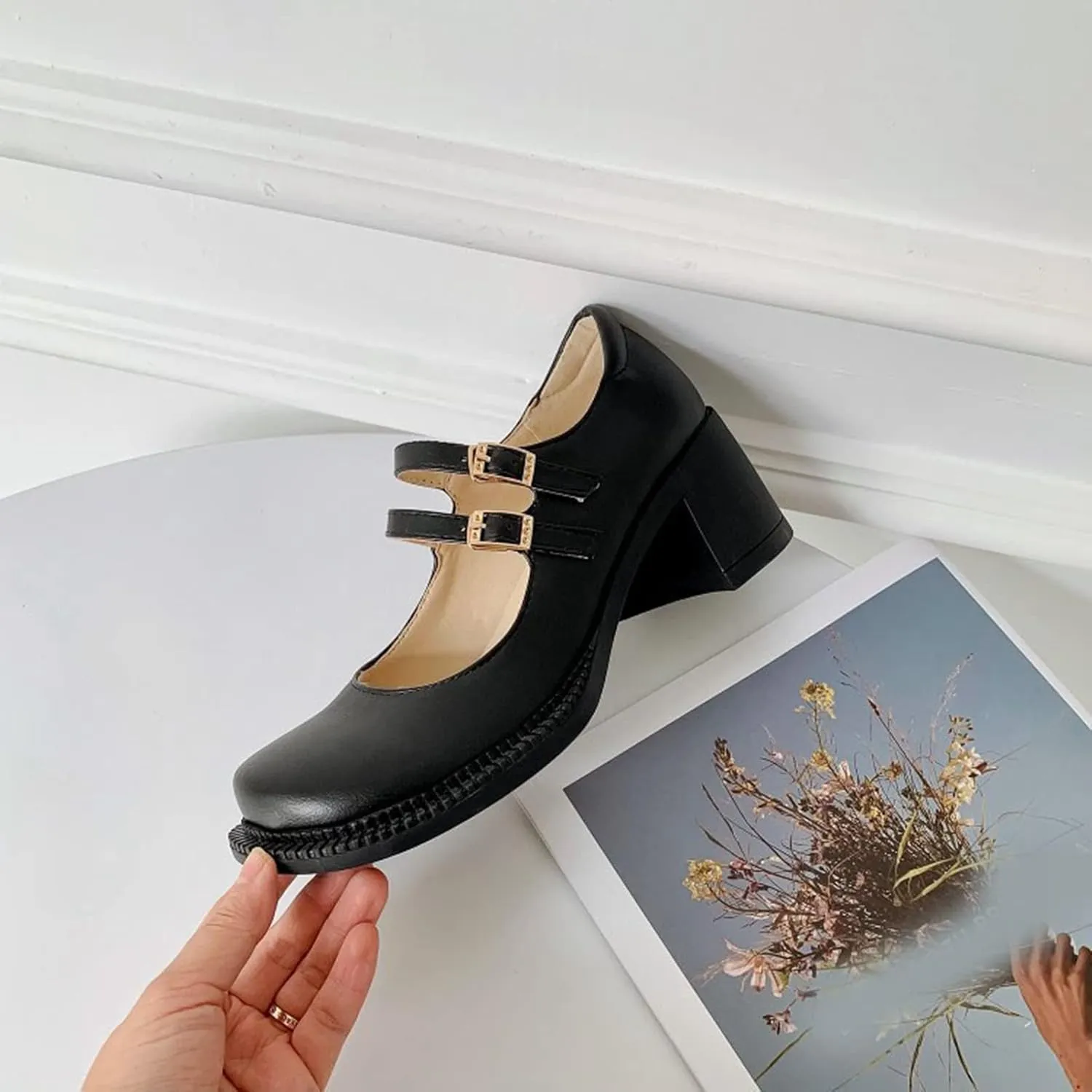 Women Mary Jane Pumps Mid Chunky Heel Double Ankle Strap Closed Round Toe Dress Work Uniform Shoes
