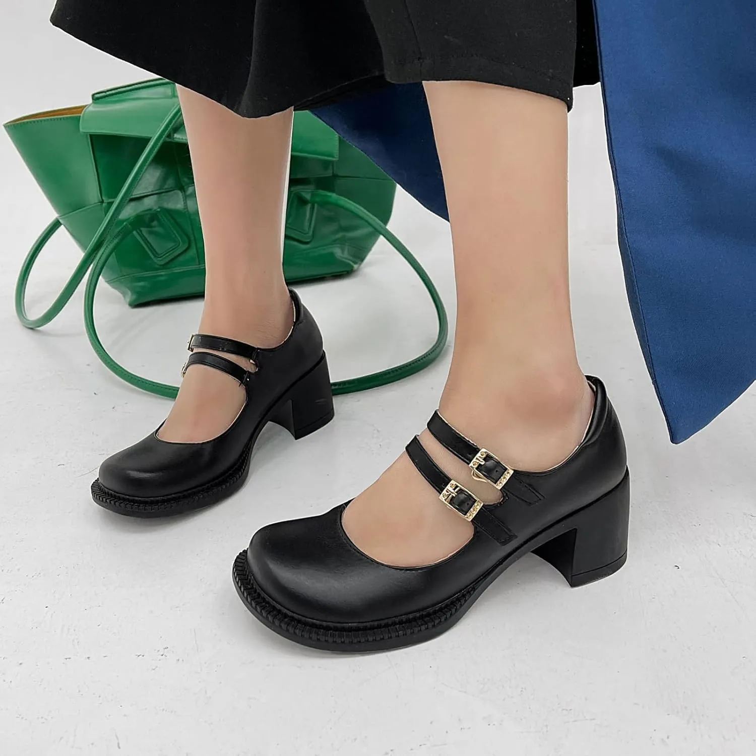 Women Mary Jane Pumps Mid Chunky Heel Double Ankle Strap Closed Round Toe Dress Work Uniform Shoes