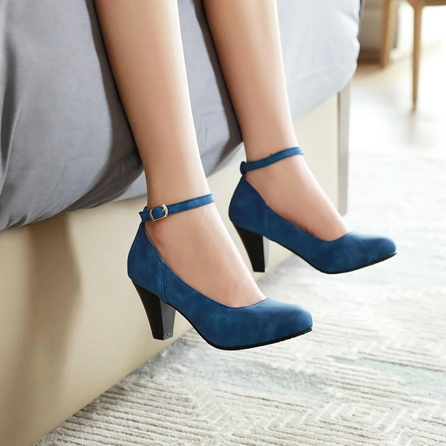 Women Mary Jane Pumps Retro Round Toe Comfortable Fashion Chunky High Heel Ankle Strap Dress Shoes