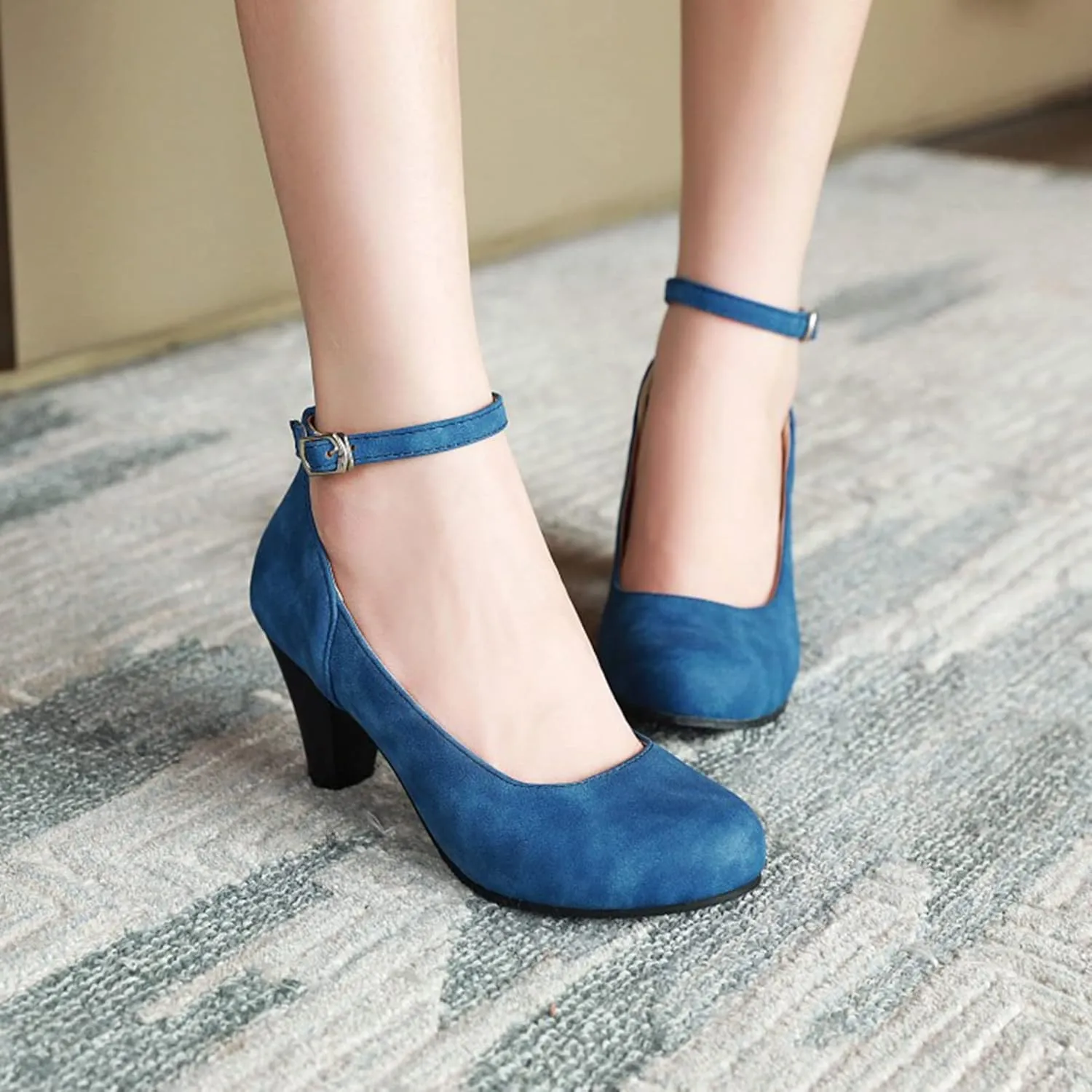 Women Mary Jane Pumps Retro Round Toe Comfortable Fashion Chunky High Heel Ankle Strap Dress Shoes