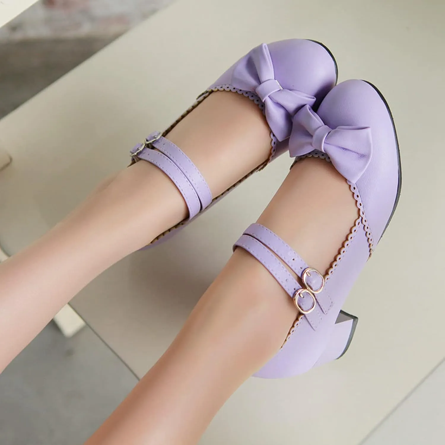 Women Mary Jane Sweet Bow Dress Pumps Double Ankle Strap Round Toe Fashion Girls Chunky Mid Heel Shoes