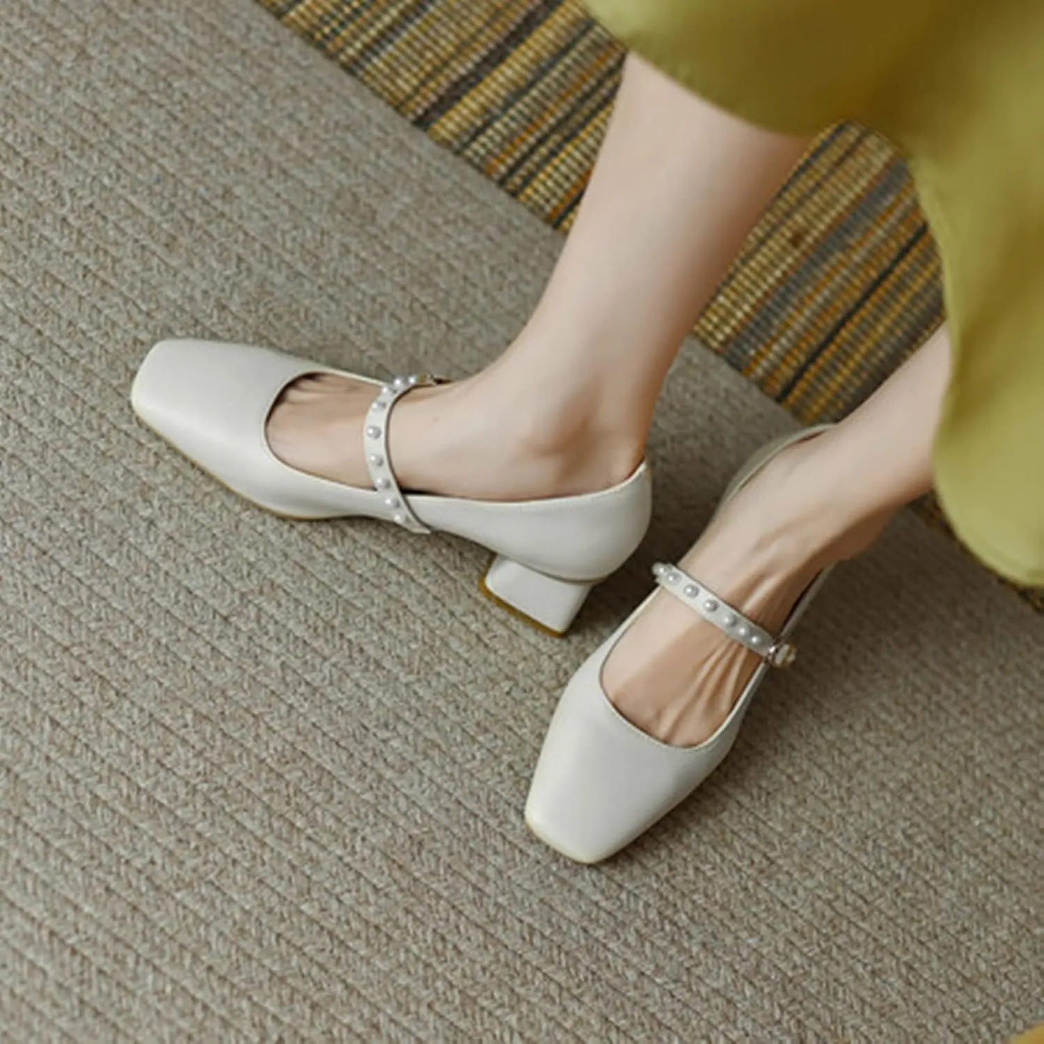 Women Pearl Ankle Strap Mary Janes Chunky Mid Block Heel Pumps Casual Square Toe Office Date Shoes