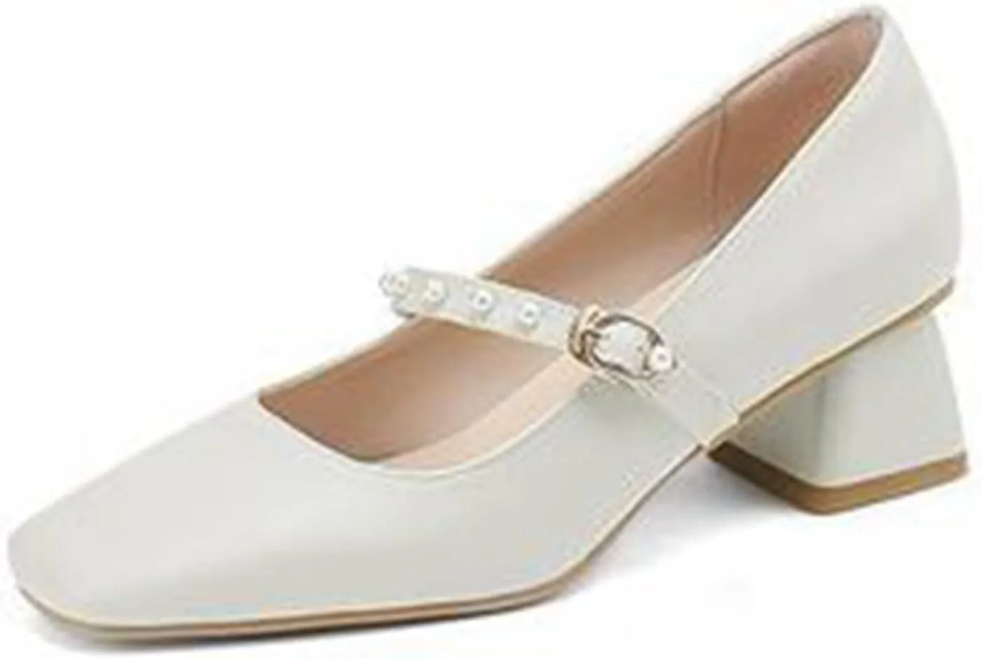 Women Pearl Ankle Strap Mary Janes Chunky Mid Block Heel Pumps Casual Square Toe Office Date Shoes