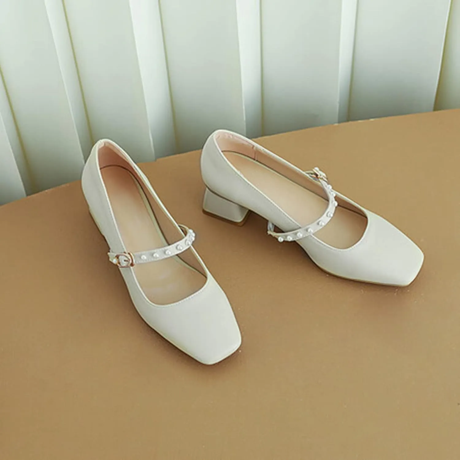 Women Pearl Ankle Strap Mary Janes Chunky Mid Block Heel Pumps Casual Square Toe Office Date Shoes