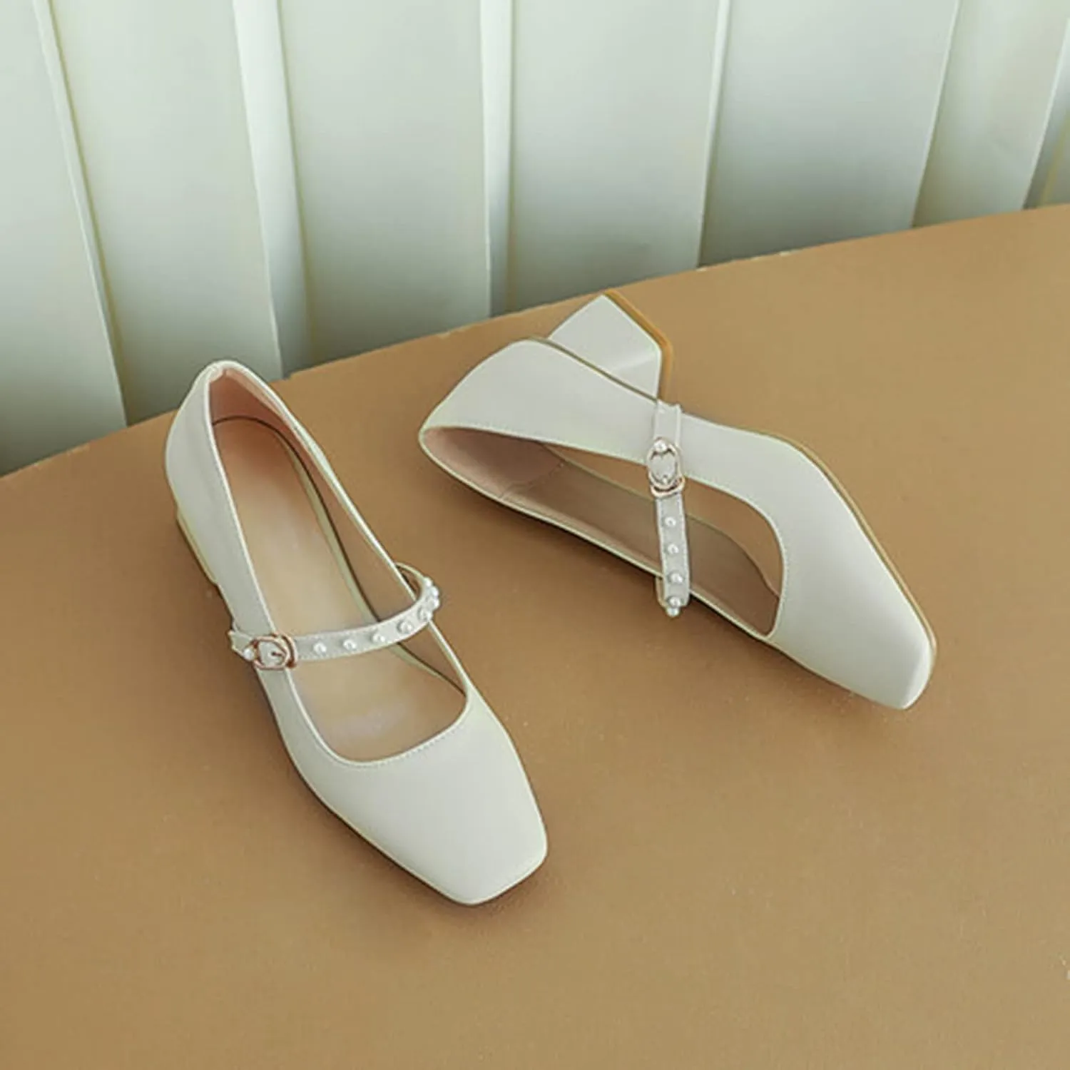 Women Pearl Ankle Strap Mary Janes Chunky Mid Block Heel Pumps Casual Square Toe Office Date Shoes