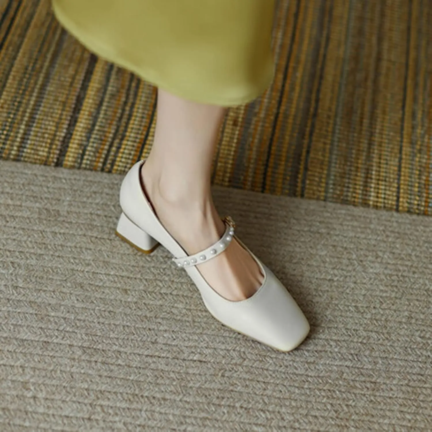 Women Pearl Ankle Strap Mary Janes Chunky Mid Block Heel Pumps Casual Square Toe Office Date Shoes