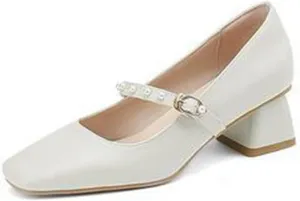Women Pearl Ankle Strap Mary Janes Chunky Mid Block Heel Pumps Casual Square Toe Office Date Shoes