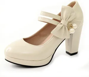 Women Platform Chunky High Heel Mary Jane Pumps Bow Double Strap Patent PU Round Toe Dress Shoes