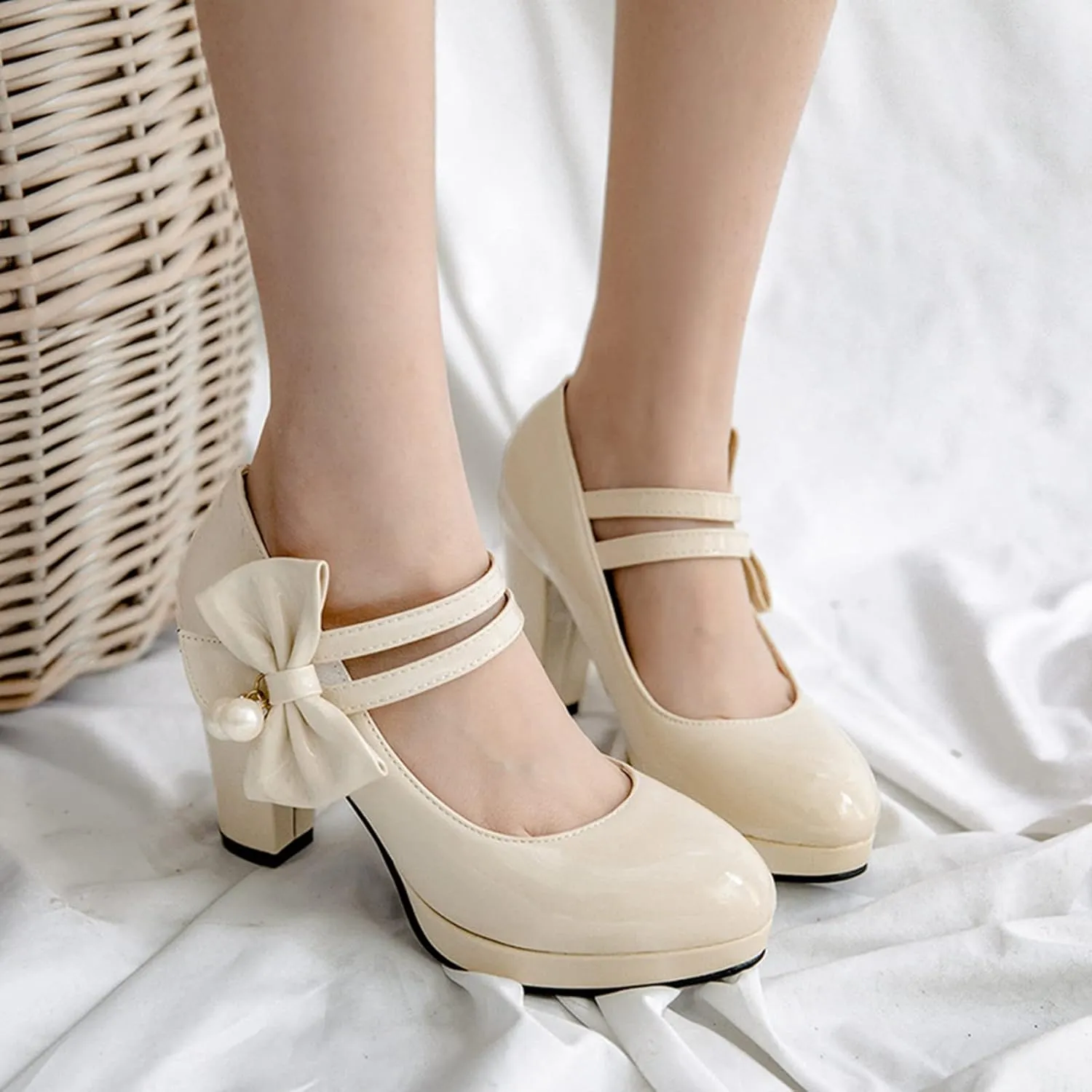 Women Platform Chunky High Heel Mary Jane Pumps Bow Double Strap Patent PU Round Toe Dress Shoes