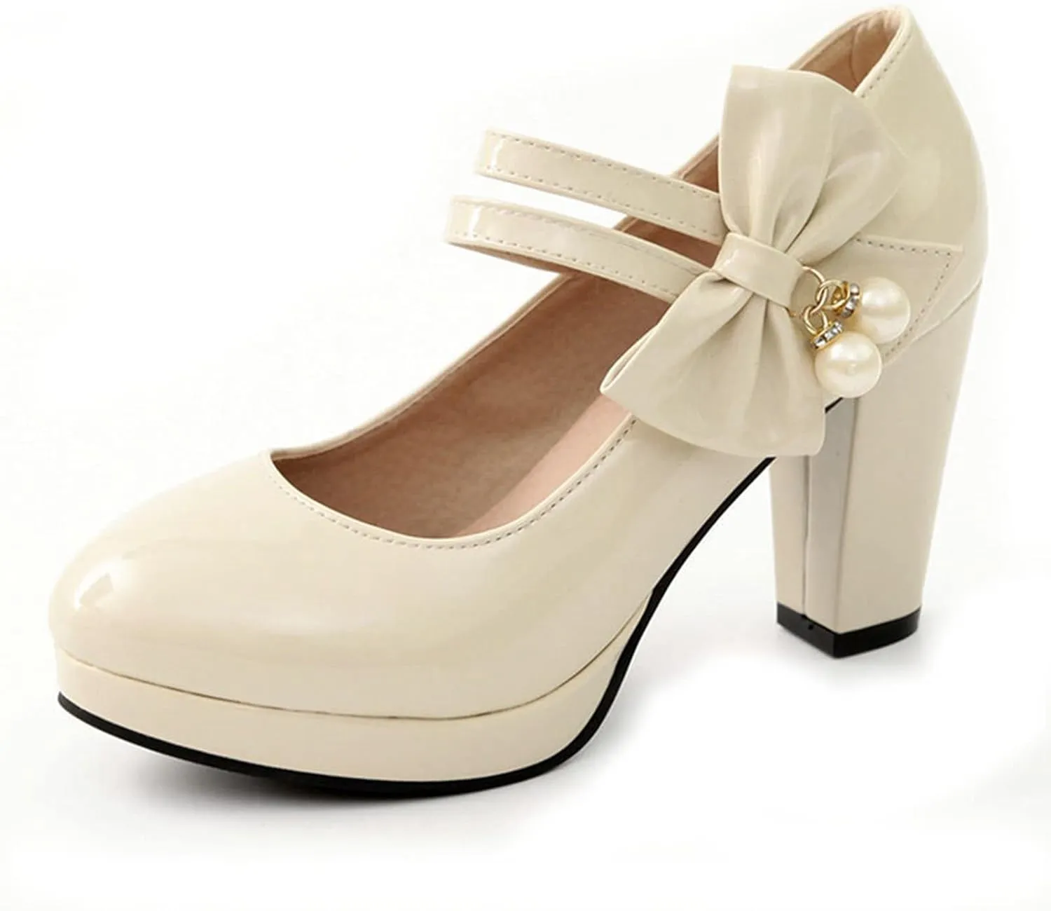 Women Platform Chunky High Heel Mary Jane Pumps Bow Double Strap Patent PU Round Toe Dress Shoes